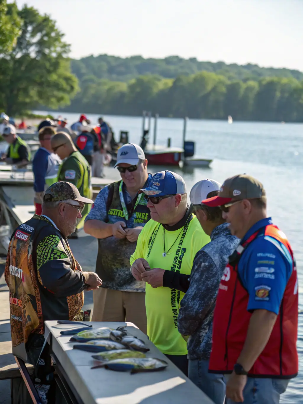 A group of anglers participating in a fishing competition at the Blyes pond, showcasing the club's competitive fishing program.