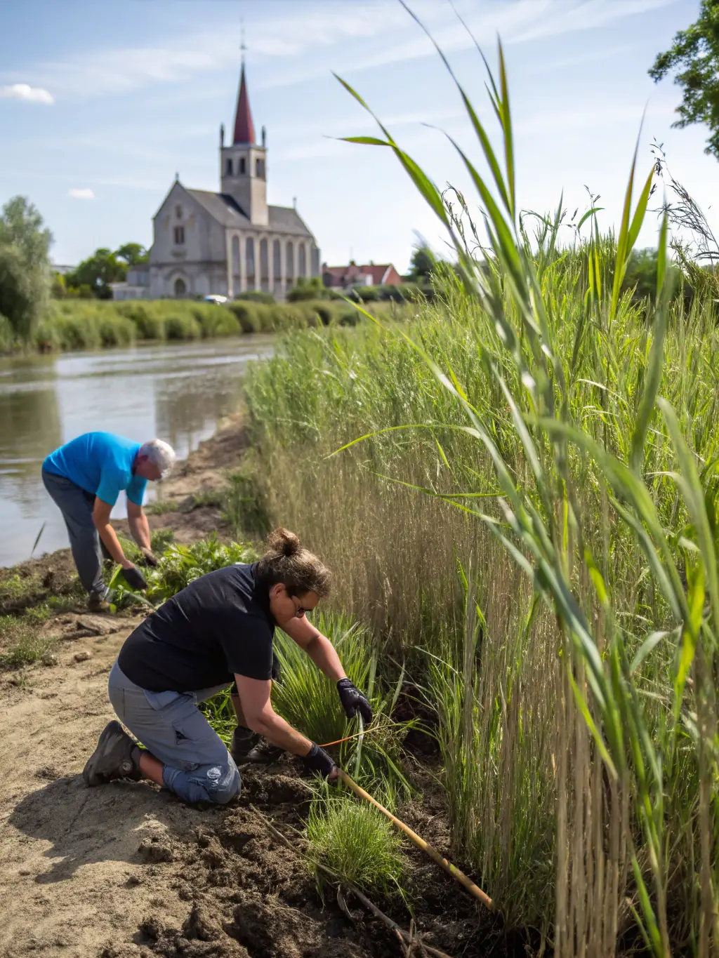 Volunteers planting native aquatic plants along the shoreline of the Blyes pond, demonstrating AMICALE DES PECHEURS DE BLYES' commitment to environmental conservation.