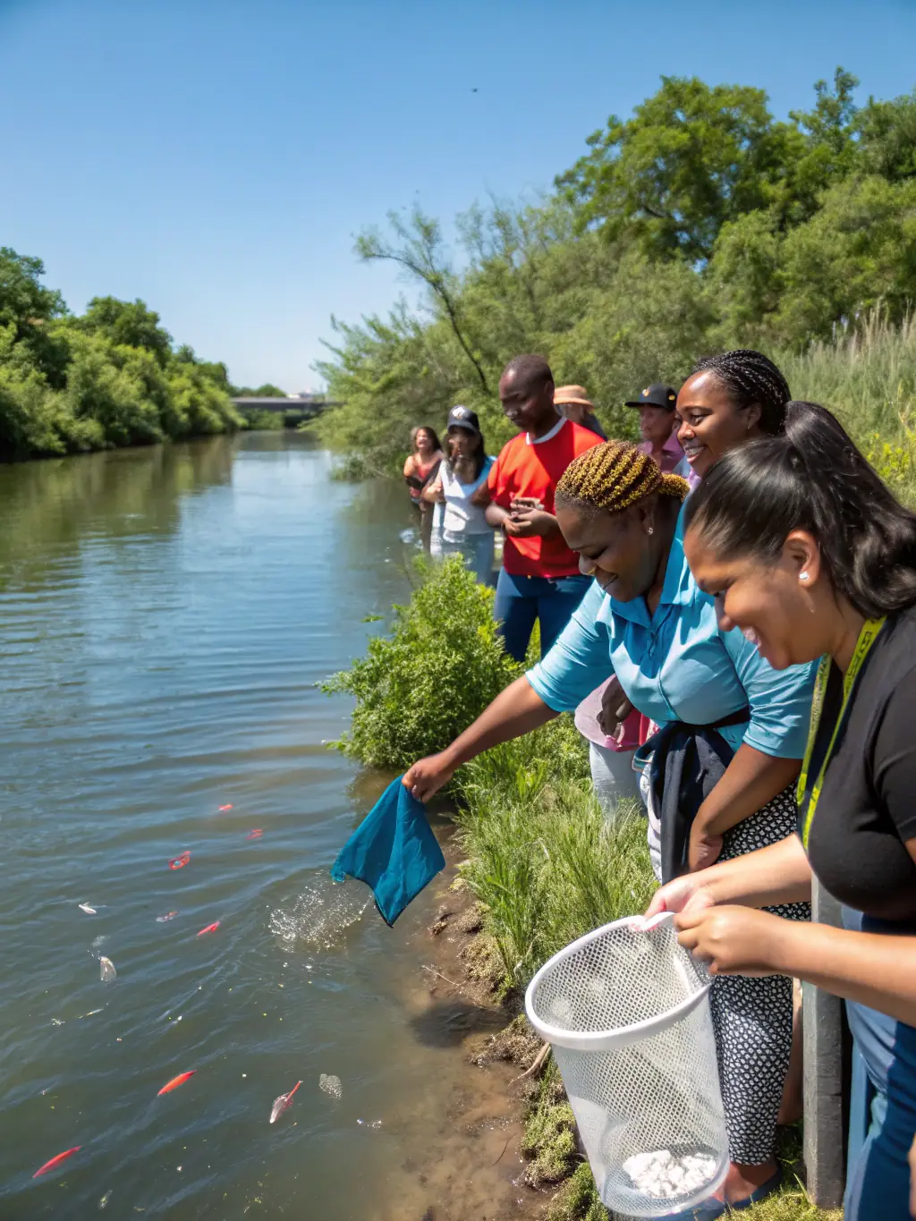 A photo of a diverse group of people enjoying a day of fishing at the pond, highlighting the inclusive and welcoming nature of AMICALE DES PECHEURS DE BLYES.