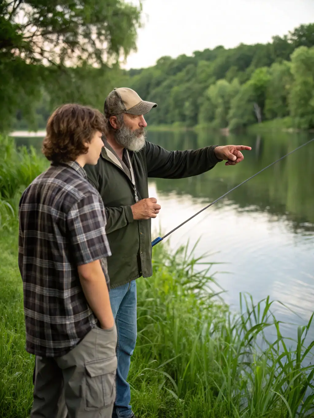 A workshop session where experienced anglers are teaching beginners the basics of pond fishing techniques and responsible angling practices.